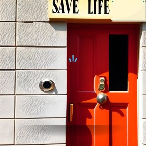 symbolically indicating saving life through lock picking with a brown door and written save life above it