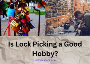 banner showing is lock picking a good hobby with different types of locks in one side and a lock picker busy in lock picking on other side
