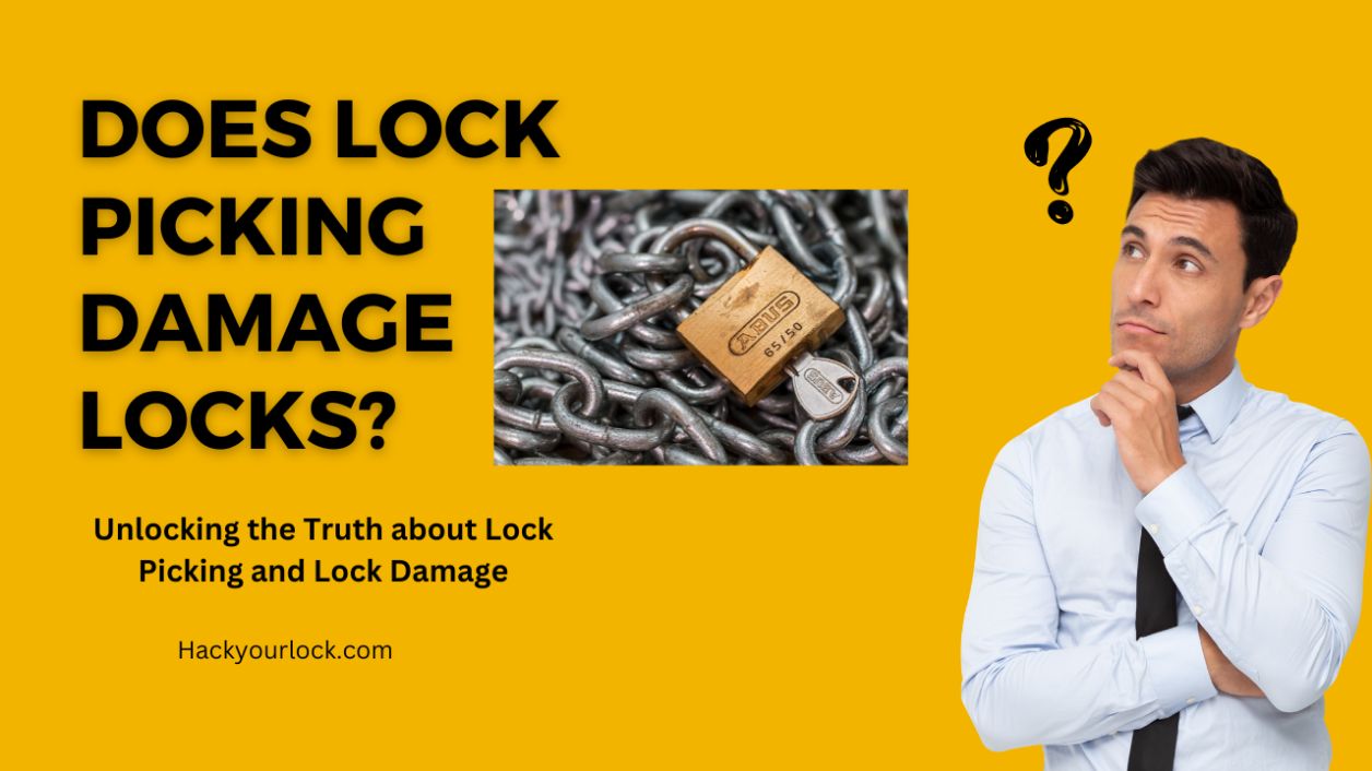 a person looking at picture of a lock with a a key and lying on chains wondering about question does lock picking damage locks? 