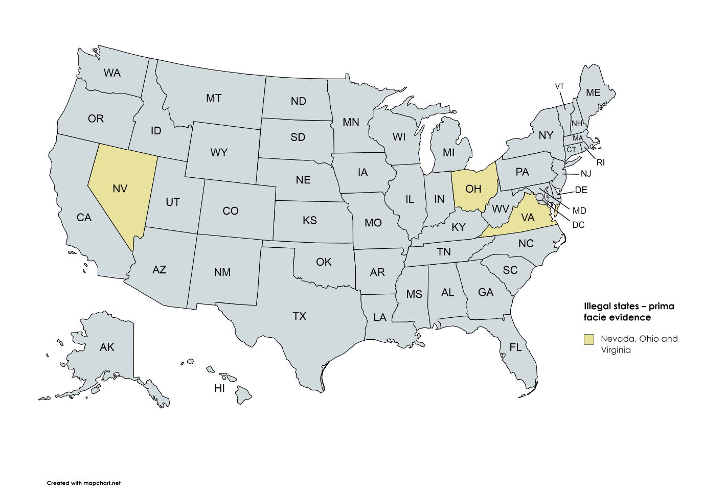 map of states of United states of America highlighting the state in yellow having illegal prima facie status in case of lock picking. the states are nevada, ohio and virginia