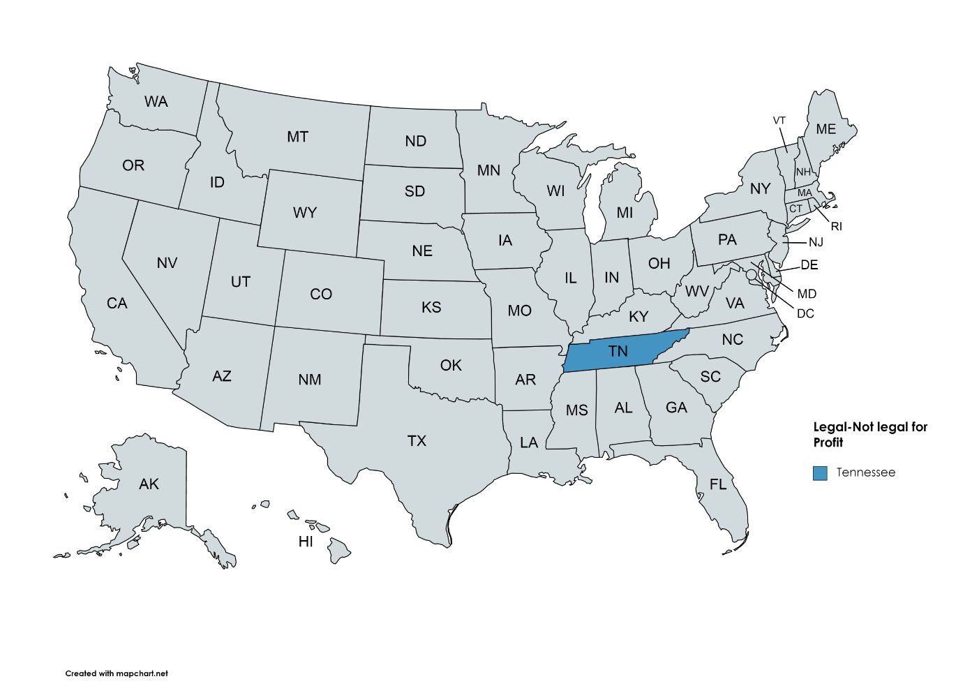 map of states of United states of America highlighting the state in blue having legal-not legal for profit status in case of lock picking. the state is Tennessee