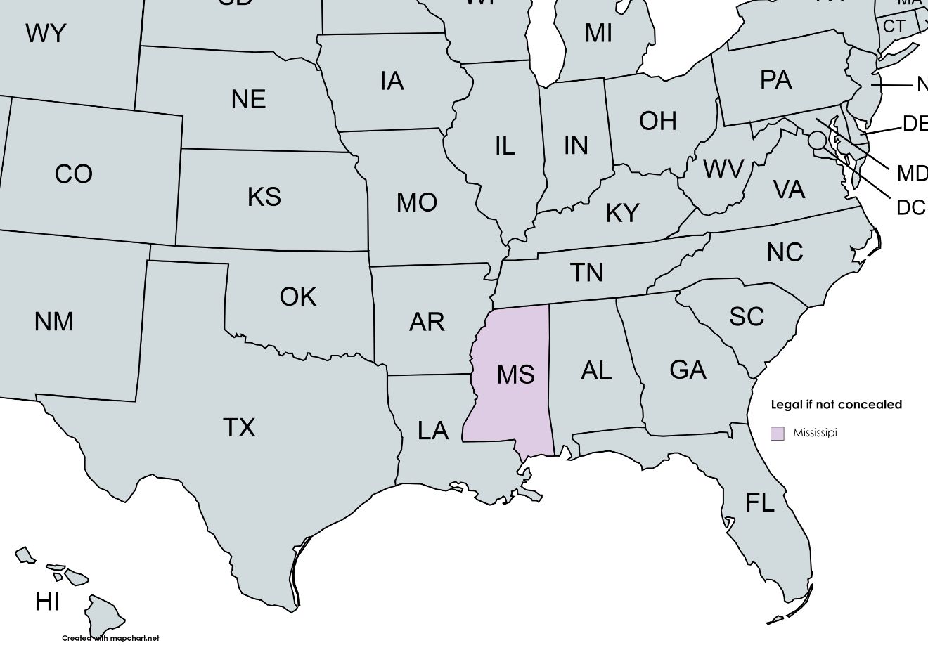 map of states of United states of America highlighting the state in pink having legal if not concealed status in case of lock picking. the state is Mississippi