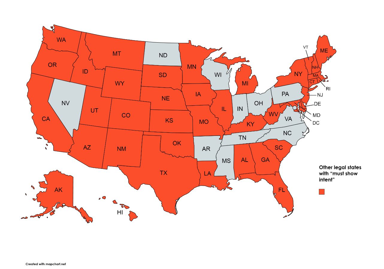 map of states of United states of America highlighting the state in orange having Other legal states with “must show intent” status in case of lock picking. 