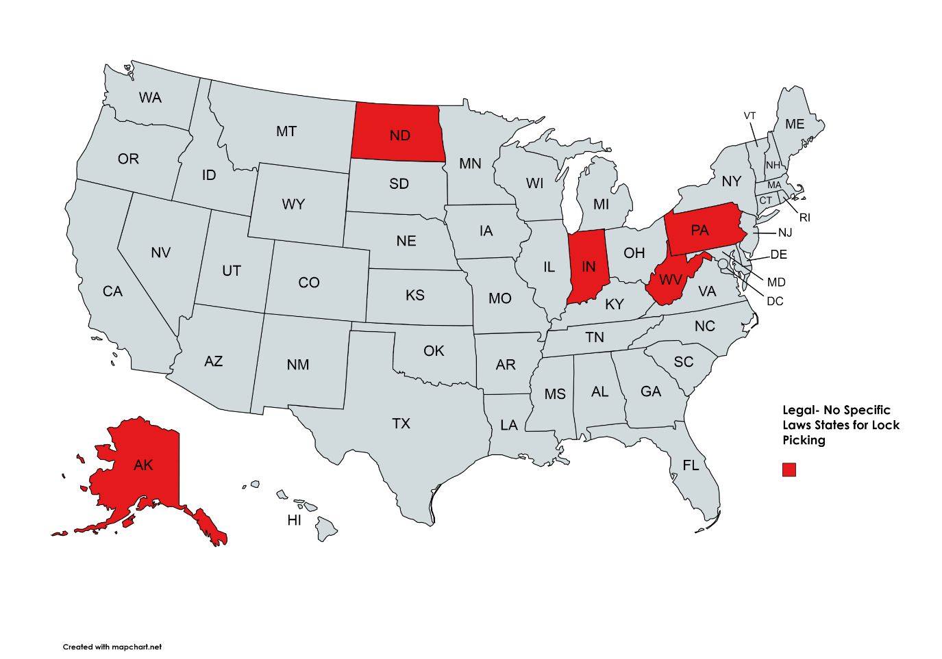 map of states of United states of America highlighting the states in red having legal -no specific laws status in case of lock picking. these states include Arkansas, Indiana, North Dakota, Pennsylvania, and West Virginia.