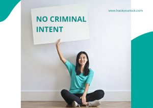 a lady following law of must show intent while lock picking and dispalying banner of no criminal intent while lock picking to show legality of lock picking