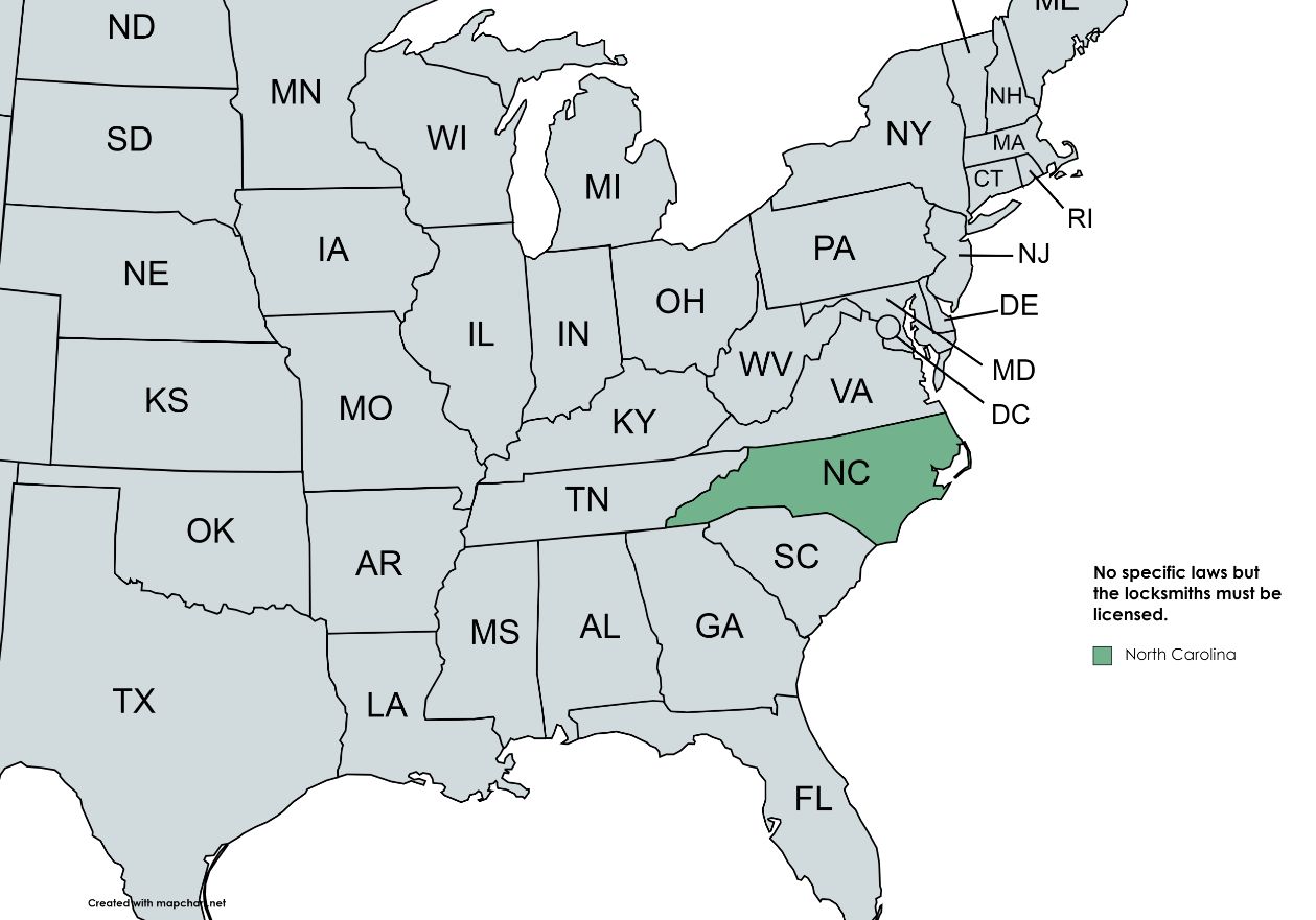 map of states of United states of America highlighting the state in green having legal -no specific laws status in case of lock picking. these states include Arkansas, Indiana, North Dakota, Pennsylvania, and West Virginia.