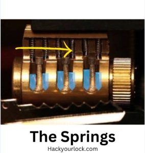 the springs which are part of pin tumbler lock being pointed out be an arrow