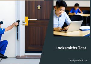 a person giving online test for locksmiths in Oregon and a locksmith opening the door on left side-hackyourlock.com