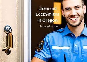 A man smiling with a tool in his hand standing by a locked door symbolizing a licensed locksmith in Oregon
