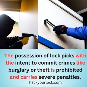 explaining lock picks with intent to commit crime is illegal by showing two hands with lock pick tools and trying to open door or enter home.