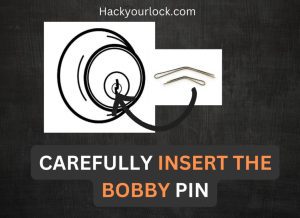 carefully inserting the bobby pin in door lock. pointed out by an arrow