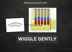 wiggle gently instruction shown with two bobby pins and an arrow pointing towards inside pins mechanism