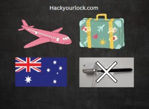 Can I carry lock picks when traveling in Australia. question asked with an aeroplane, a carry bag, australian flag and a lock picking tool inside a lock