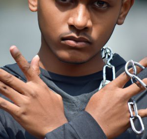 Criminal Intent being shown symbolically with a person having chain in his tied and crossed hands
