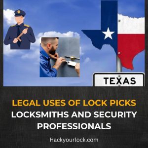 legal use of lock picks shown with a policeman or a security personnel with a stick in his hand and a locksmith opening a lock.also a map of texas