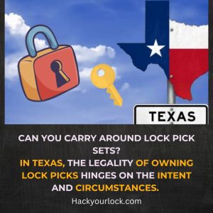 can you carry around lock pick sets in Texas answered with picture of a lock, key and texas map on upper side.