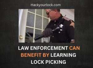 a cop opening a door by breaking it whereas the text says that law enforcement can benefit by learning lock picking