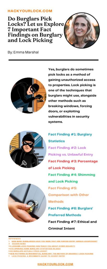do burglars pick lock-infographics with details about the article answering this question and 7 fact findings related to lock pick and burglars