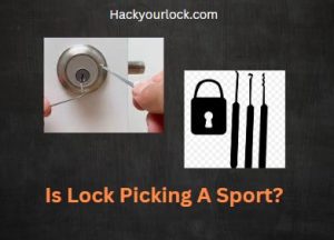 is lock picking a sport? title with lock picking tools and a deadbolt lock being picked with tension wrench and picks