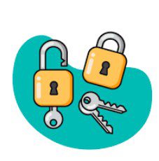 key control symbolized by two locks and two keys with one lock already having 1 key inside keyway
