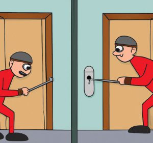 Lock Picking vs. Unlawful Entry. one burglar Lock Picking and other burglar trying Unlawful Entry in two different house shown in single picture with splits in the middle