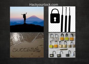 crucial for success-knowing false set. success in lock picking shown with a girl's hands in the air and success written down on sand.success in lock picking shown by lock pick sets and different locks opened on th eright side 