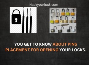 "you get to know about pins placement through false sets" statement with a lock picking set and locks opened and unlocked on upper left and right corner