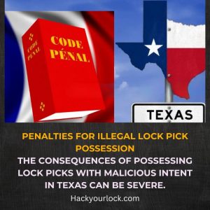 penalties for illegal lock pick possession in texas written with a texas map and code penal book symbol