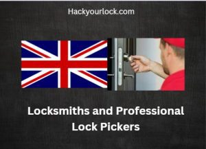 locksmiths and professional lockpicker picking a lock with a flag of UK on the left side