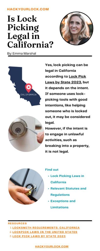 Is Lock Picking Legal in California? infographics by Emma Marshal Hackyourlock.com