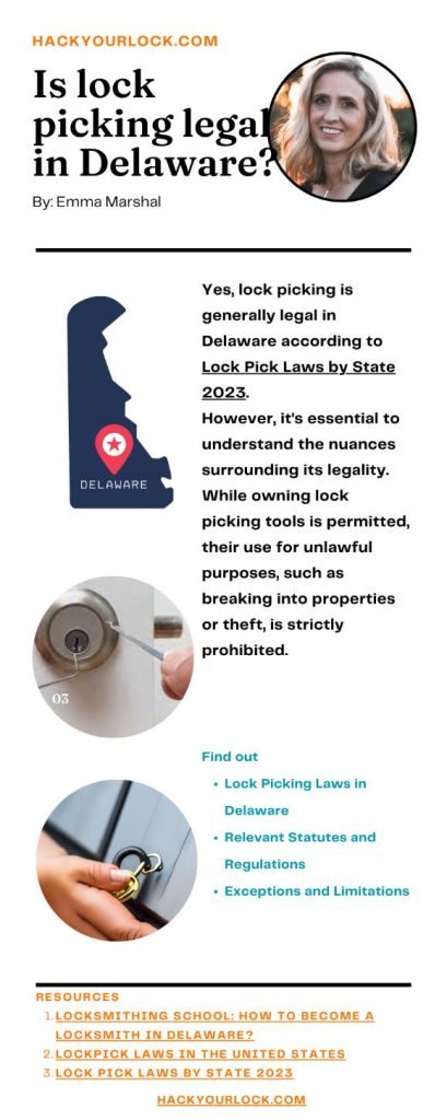 Is Lock Picking Legal in Delaware? infographics by Emma Marshal hackyourlock.com